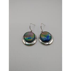 Fused glass round dangle iridescent earrings silver tone pretty shimmer